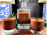 Custom Stylized Initials Leather Wrapped Decanter and Whiskey Glass set