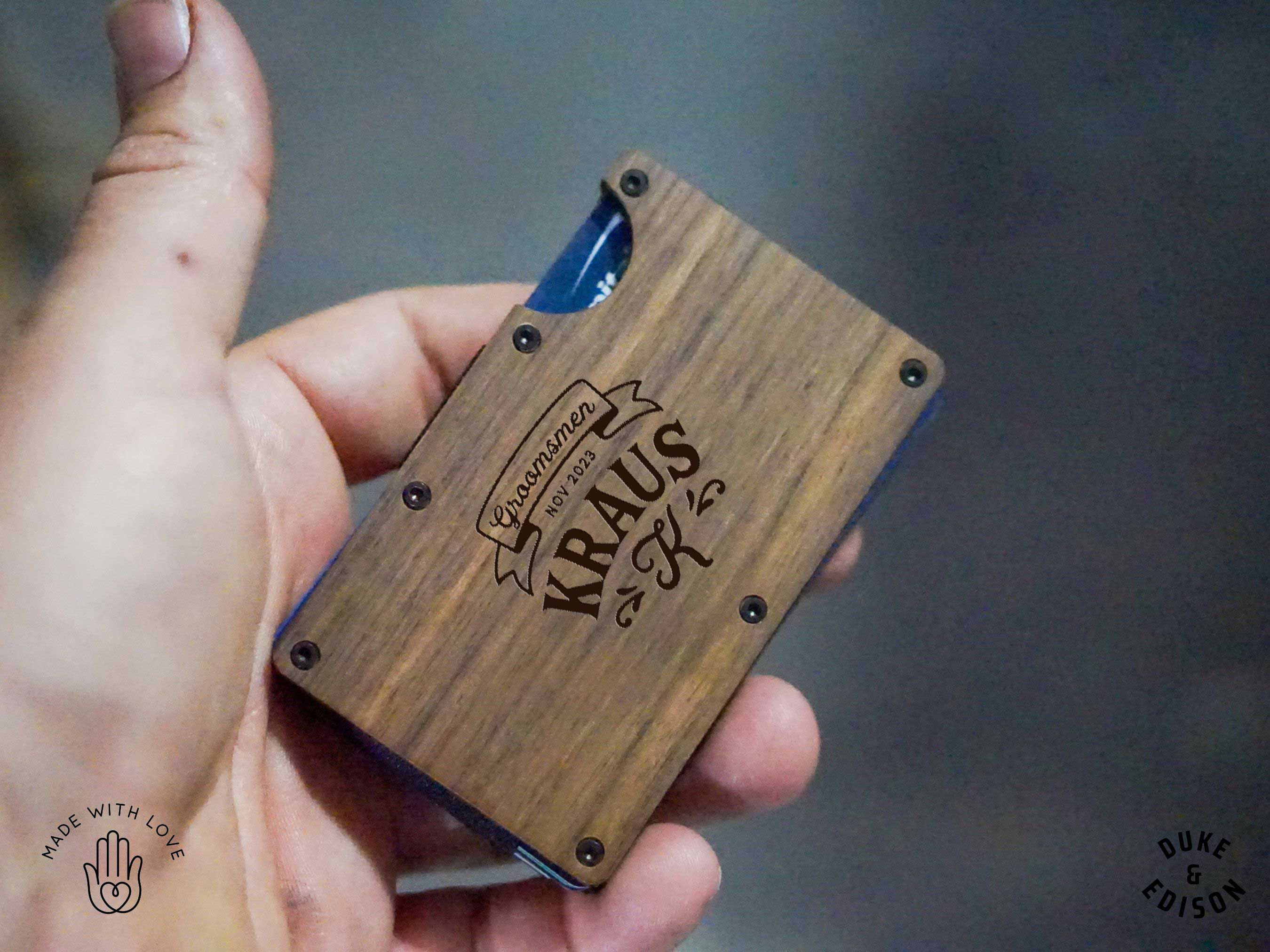 Duke & Edison groomsmen Custom Engraved Minimalist Wood Wallet with RFID