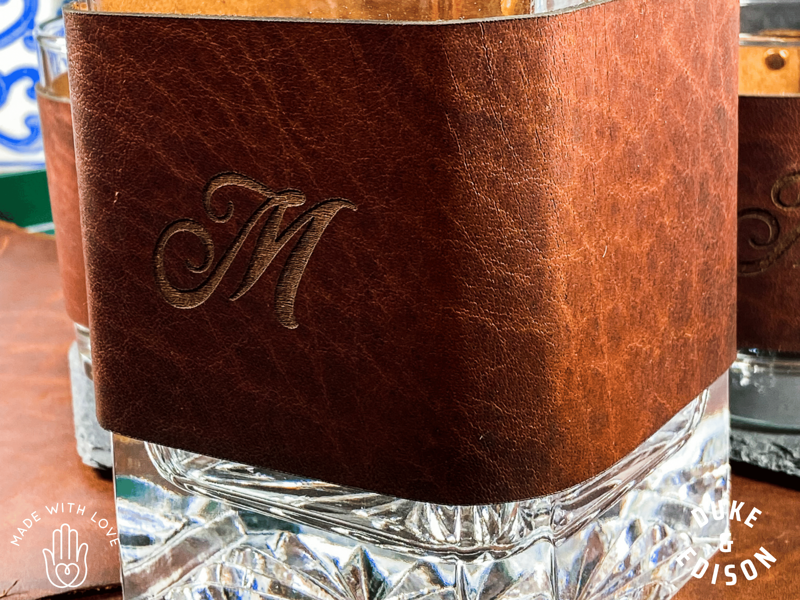 Duke & Edison groomsmen Custom Stylized Initials Leather Wrapped Decanter and Whiskey Glass set